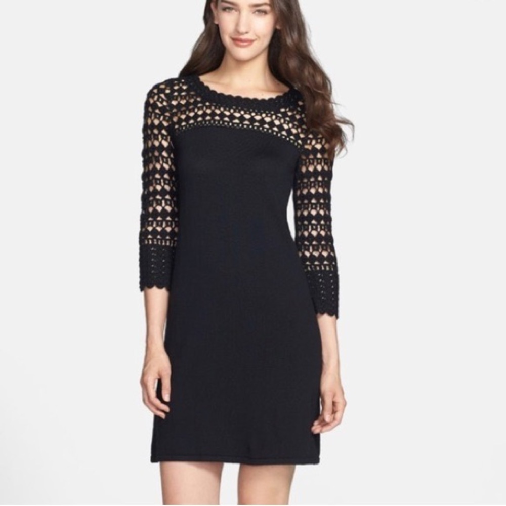 Lilly Pulitzer Kariana black merino wool crochet sleeve sweater dress